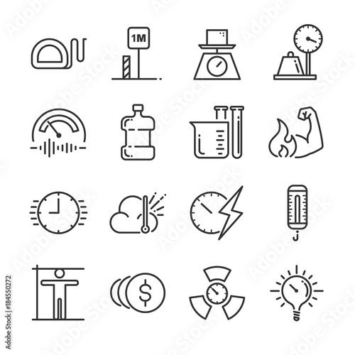 Unit of measurement icon set. Included the icons as miles, meter, tonne, kilogram, decibel, degrees Celsius and more.