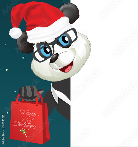 Fototapeta Naklejka Na Ścianę i Meble -  Fun Cartoon Santa Panda looking at a blank white page