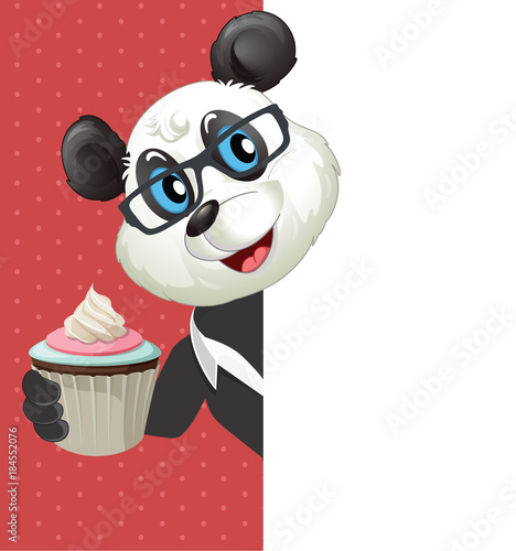 Fototapeta Naklejka Na Ścianę i Meble -  Cartoon Panda Poses with CupCake