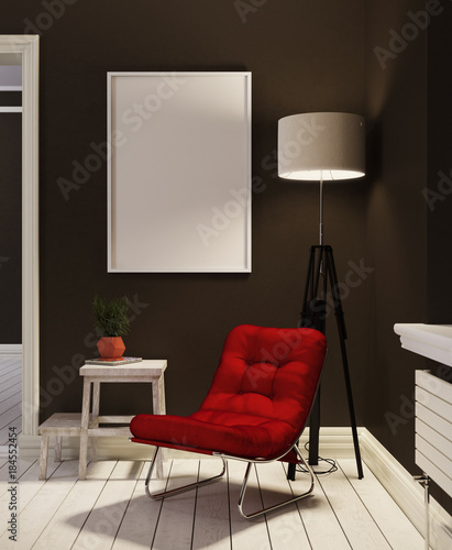Sessel mit rotem Polster und Pflanze sowie Bilderrahmen vor brauner Wand 