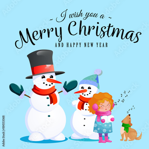 Family of snowman in black hat and gloves, red scarf tied around neck, nose from the carrot, little girl singing holiday songs and dog helping her, marry christmas happy new year vector illustration
