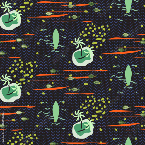 Vintage beach Hawaii seamless blue vector pattern. Retro style resort wavy dark background for textile and shirt apparel.