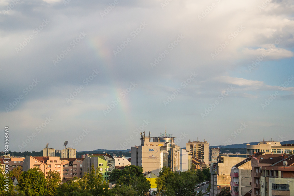 Novi Sad, Serbia August 02, 2014: The main boulevard in Novi Sad town and rainbow