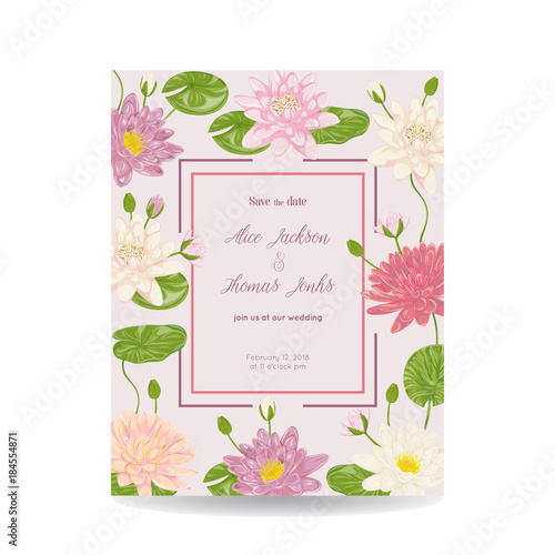Save the date card with water lily flowers, leaves and buds. Vintage vector illustration