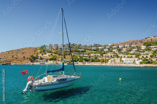 Sunny view of boats at Ortakent near Bodrum, Mugla, Turkey.