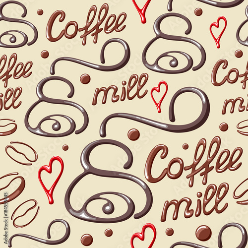 Seamless pattern with coffee mill, coffee beans and heart. Suitable for wallpaper, wrapping or textile