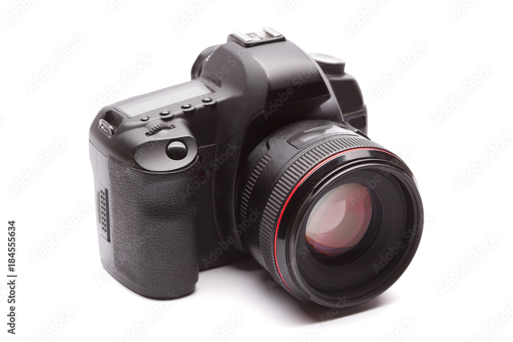 close up a mirror camera with lens on a white background close up a mirror camera with lens on a white background