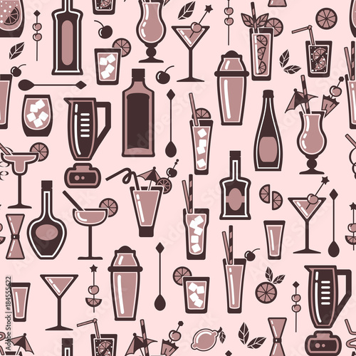 Seamless pattern with vector alcohol cocktail icons. Flat style. Suitable for wallpapers, wrapping or textile.  EPS10