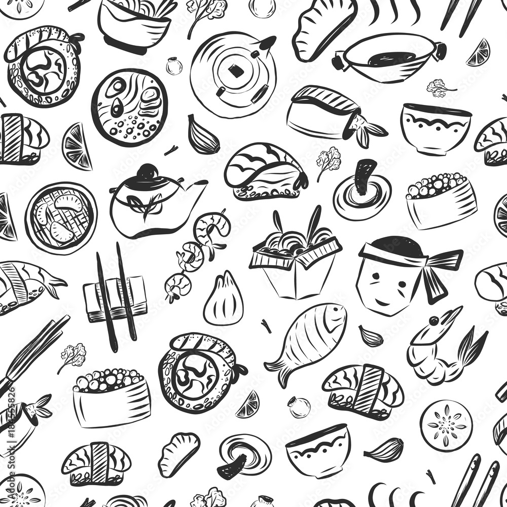 Doodle asian food seamless pattern. Japanese reastaurant cafe identity. Vector illustration Doodle asian food seamless pattern. Japanese reastaurant cafe identity. Vector illustration