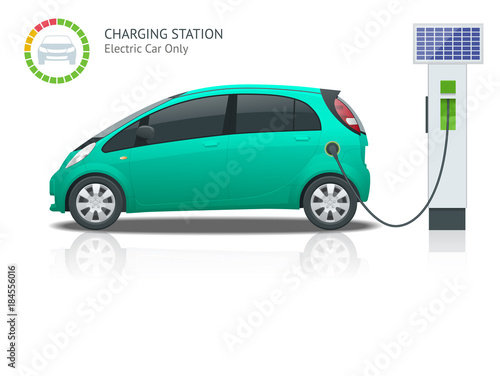 Power supply for electric car charging. Electric car charging station vector. Renewable eco technologies. Green power.