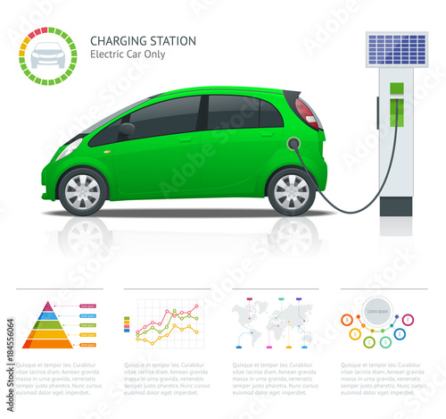 Infographics and Green electric car charging point vector. Renewable eco technologies. Green power.