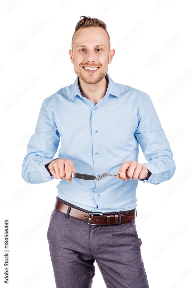 beard man holding cutlery fork and knife on hand. diet, food, healthy, style concept. isolated on a white studio background. beard man holding cutlery fork and knife on hand. diet, food, healthy, style concept. isolated on a white studio background.