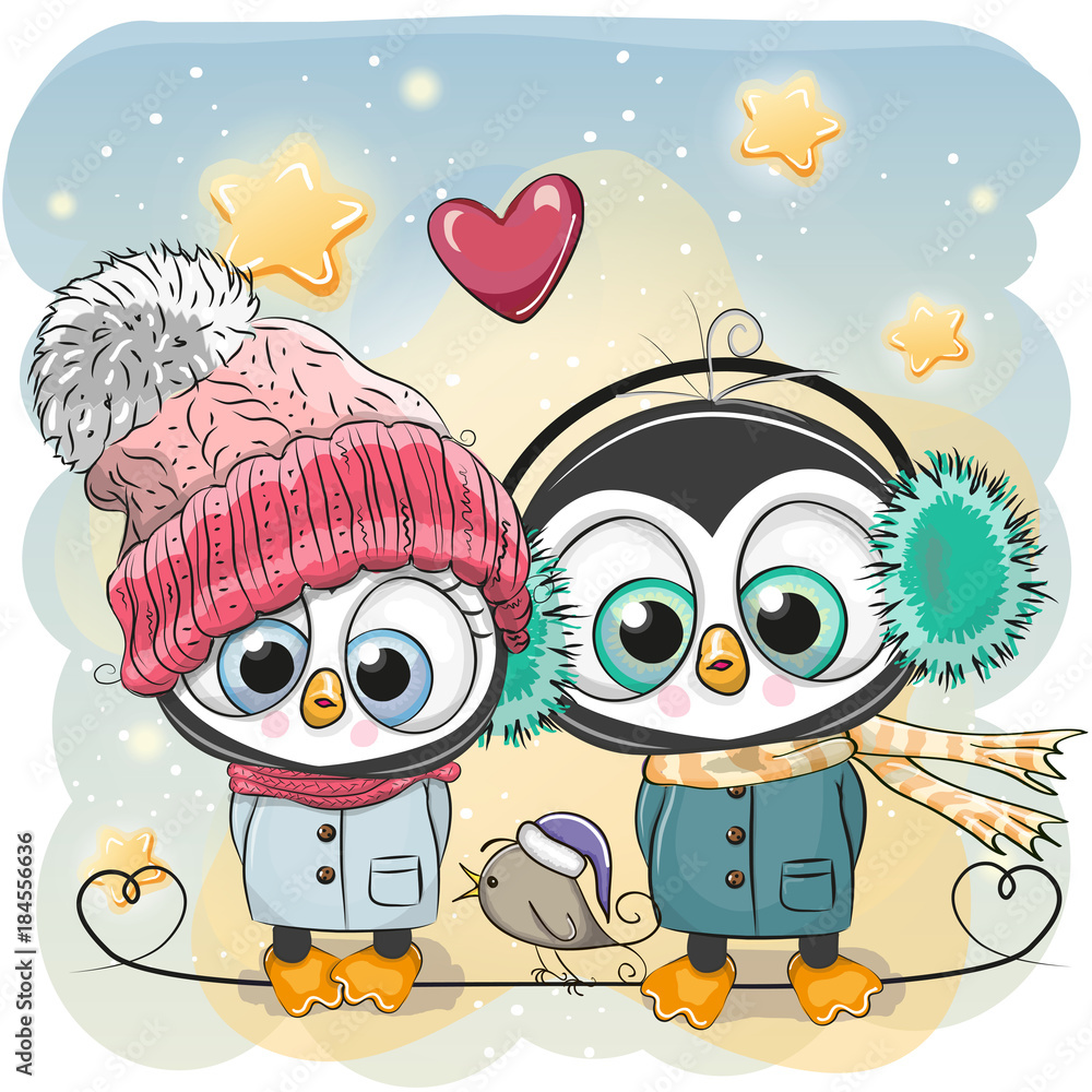 Fototapeta premium Winter illustration Penguin Boy and Girl in hats and coats