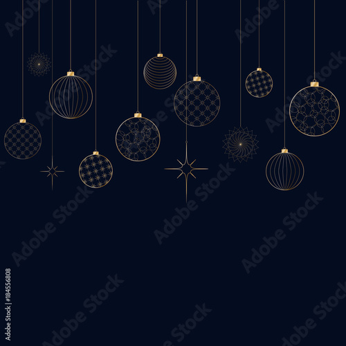 Ornament of decorative light New Year's golden balls for Christmas and New Year Pattern for postcard invitation advertising Winter festive background Empty graphic template Heder Vector illustration