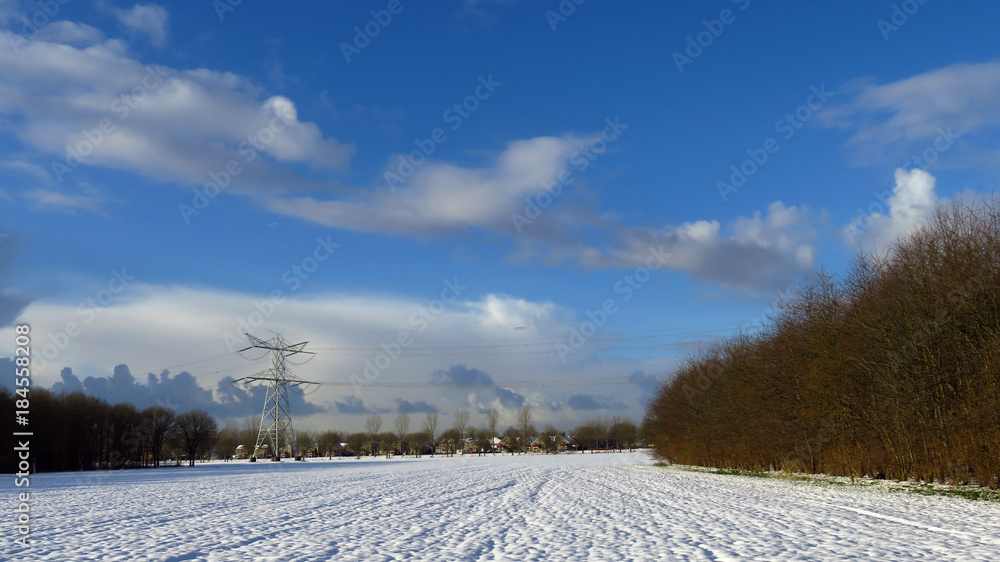 Dutch Winter Landscape With Residential Houses in the Background