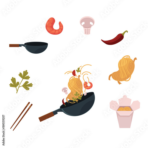 Cooking Thai, Japanese, Chinese noodle in wok - pan and ingredients, cartoon vector illustration isolated on white background. Thai, Chinese cuisine - wok, noodle, shrimps, mushroom, chopstick, chilli
