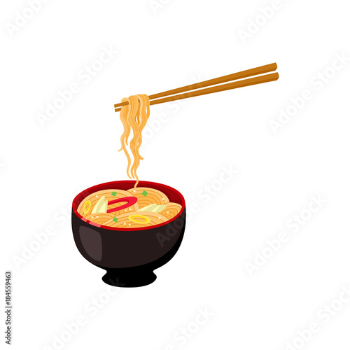 vector flat asian wok udon noodles in ceramic pot with bamboo sticks. Stir fry eastern fastfood icon for menu design. Isolated illustration on white background