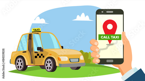 Order Taxi App Vector. Hand Holding Smartphone. Call A Taxi Mobile Concept. Application For Ordering Taxi. Flat Illustration