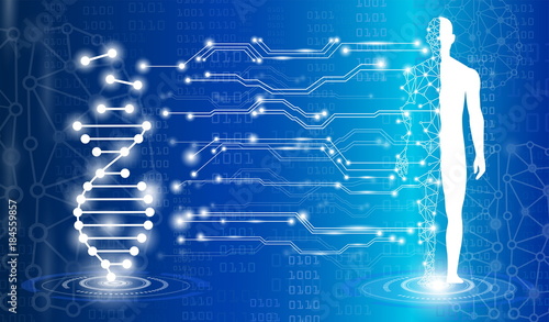 abstract background technology concept in blue light,brain and human body heal ,technology modern medical science in future and global international medical with tests analysis clone DNA human