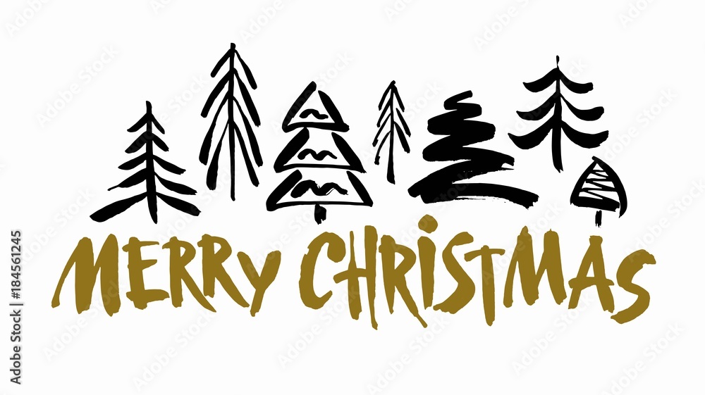 Merry Christmas text. Black and gold brush calligraphy on white background with abstract christmas trees