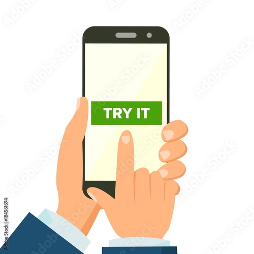 Mobile App Concept Vector. Hand Holding Mobile. Template For Application. Flat Illustration