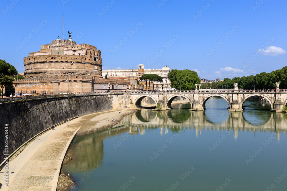 Attraction Saint Angel Castle and bridge Ponte Sant Angelo in Rome, Italy, Sunny summer day