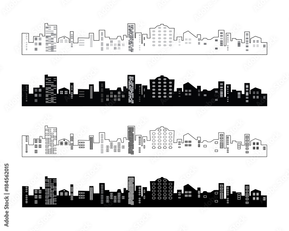 Set of black and white silhouettes of buildings