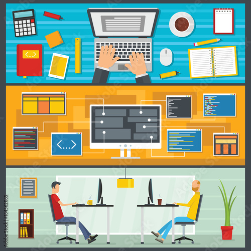 Development website communication system banner horizontal concept set. Flat illustration of 3 development website communication system vector banner horizontal concepts for web