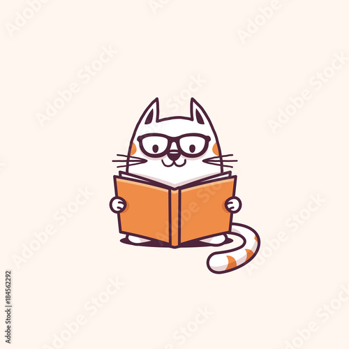 Cute geeky cat reading a book vector cartoon illustration