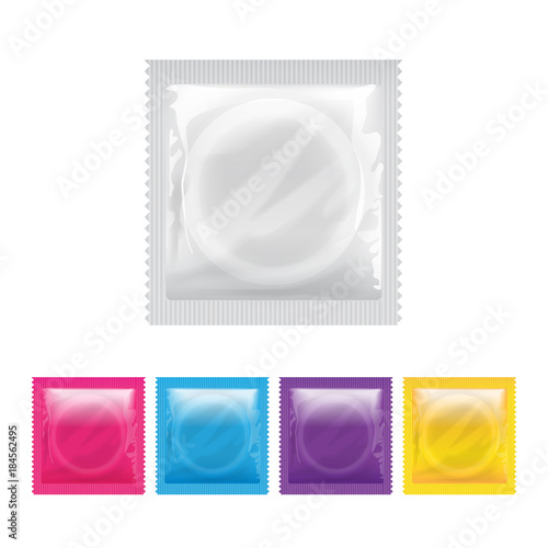 Realistic White Blank template Packaging with a condom for your design and logo. Vector Mock Up illustration set