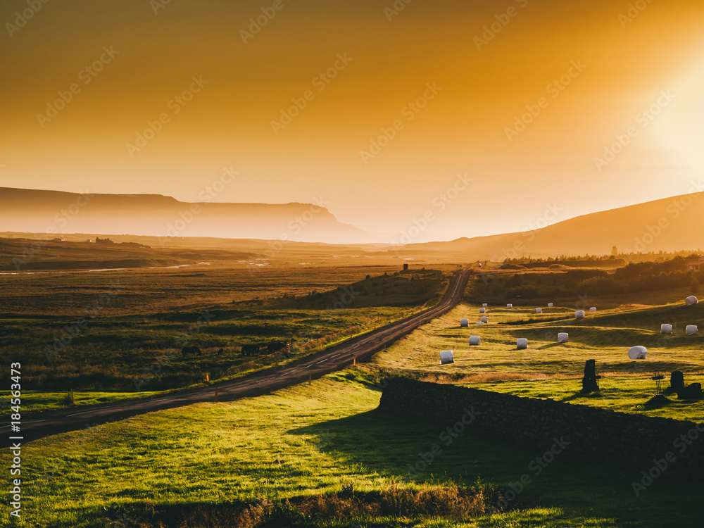 beautiful landscape with road and mountains at sunset, Iceland