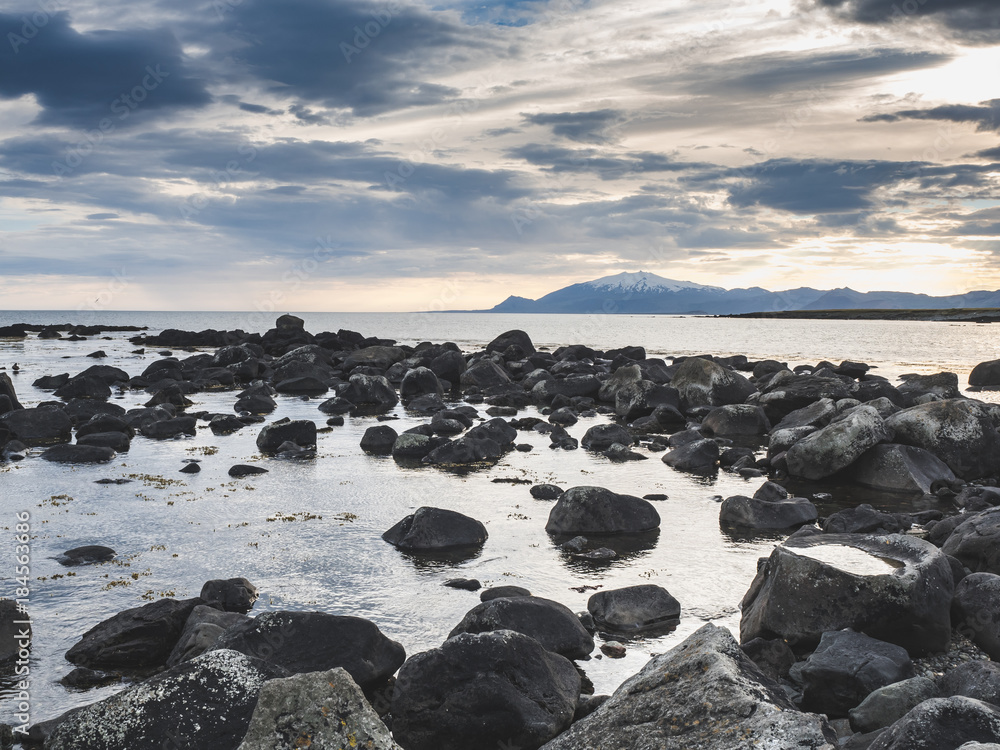 scenic landscape with ocean, rocks and clouds, Dritvik Djupalonssandur, Iceland scenic landscape with ocean, rocks and clouds, Dritvik Djupalonssandur, Iceland