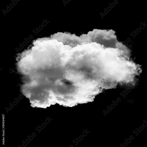 White fluffy cumulus cloud isolated over black background, realistic cloud shape 3D illustration