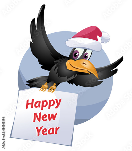 Flying funny crow in Santa's hat carries Happy New Year card. Cartoon styled vector illustration. Elements is grouped. No transparent objects.