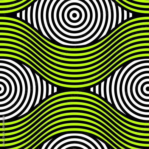 Abstract vector seamless op art pattern. Colorful disko ornament.