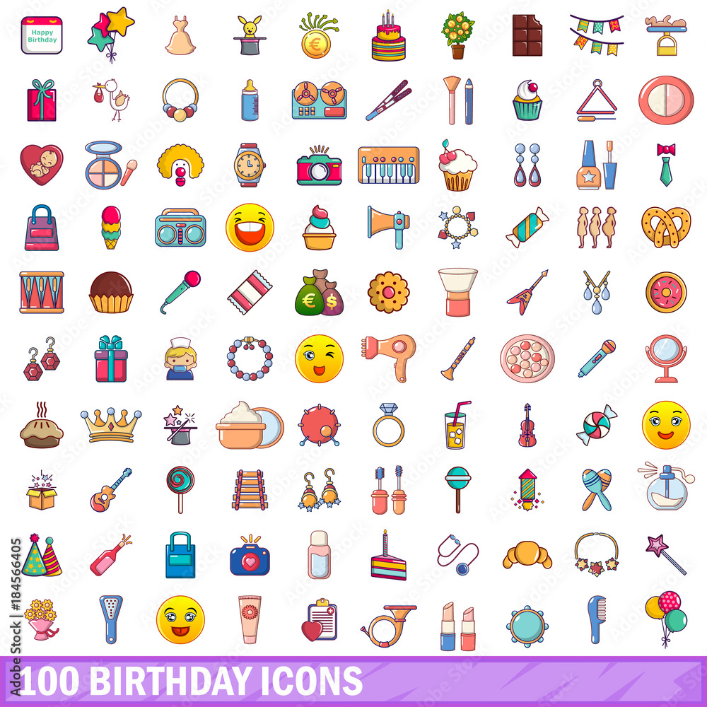 100 birthday icons set, cartoon style 100 birthday icons set, cartoon style