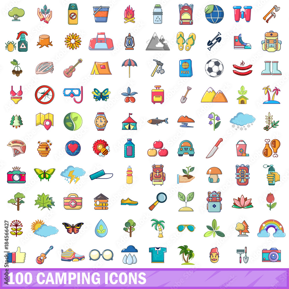 Fototapeta premium 100 camping icons set, cartoon style 