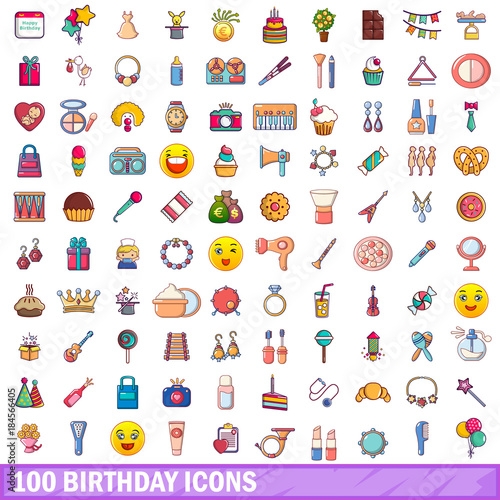 100 birthday icons set, cartoon style 