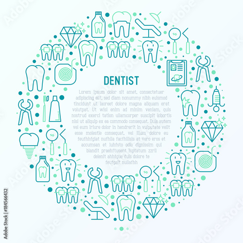 Dentist concept in circle with thin line icons of tooth, implant, dental floss, crown, toothpaste, medical equipment. Modern vector illustration for banner, web page, print media.