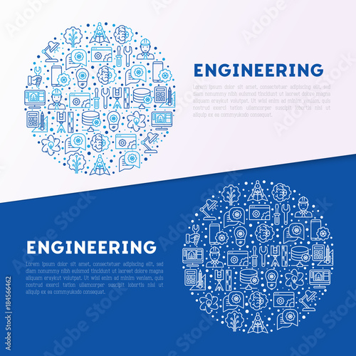 Engineering concept in circle with thin line icons: engineer, electronics, calculations, tools, repair, idea, it server. Modern vector illustration for web page, banner, print media.