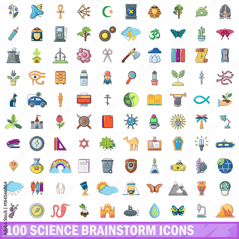 100 science brainstorm icons set, cartoon style 100 science brainstorm icons set, cartoon style