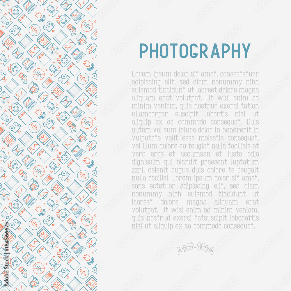 Photography concept with thin line icons of photographer, film, crop, flash, focus, light, panorama. Vector illustration for banner, web page, print media. Photography concept with thin line icons of photographer, film, crop, flash, focus, light, panorama. Vector illustration for banner, web page, print media.
