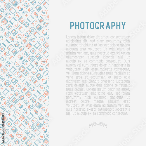 Photography concept with thin line icons of photographer, film, crop, flash, focus, light, panorama. Vector illustration for banner, web page, print media.