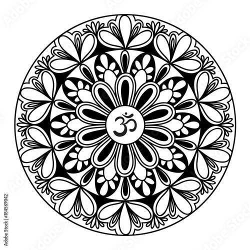 Mandala frame with Om symbol. Hand drawn oriental ornament for greeting card, invitation, coloring book, yoga poster.