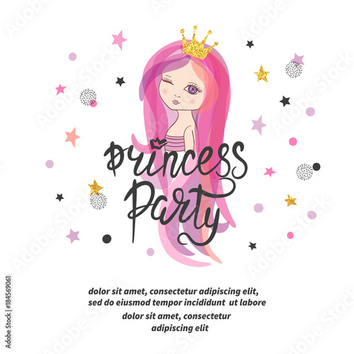 Princess party poster or invitation template. Vector Birthday card design for little girl.