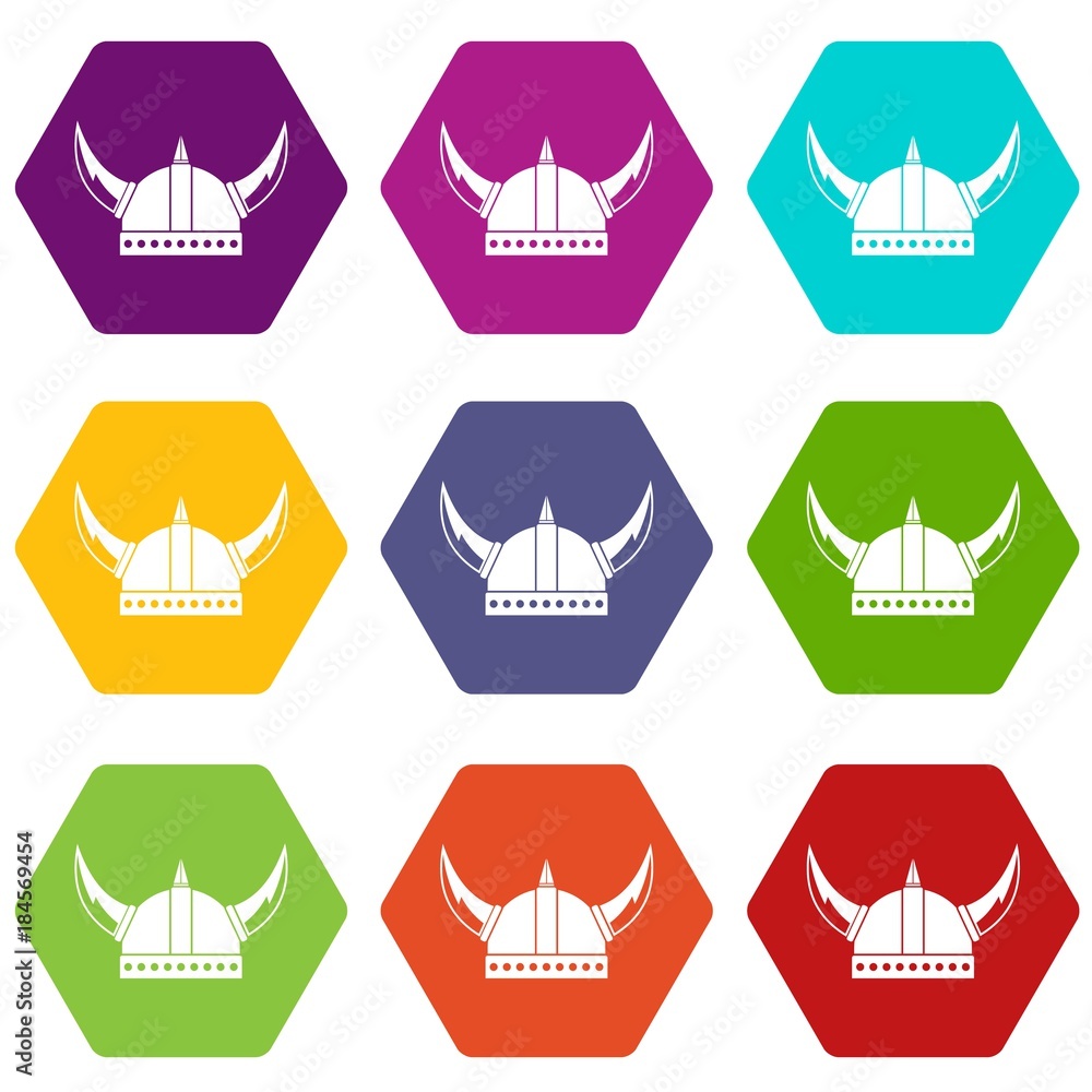 Viking helmet icon set color hexahedron