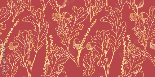 Seamless pattern, hand drawn golden oak leaves ,acorns and oak flower on red background