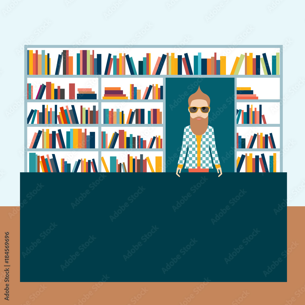 Bookstore and bookseller man. Flat vector illustration. Bookstore and bookseller man. Flat vector illustration.