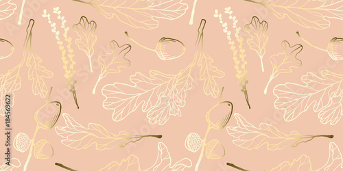 Seamless pattern, hand drawn golden oak leaves ,acorns and oak flower on pink background
