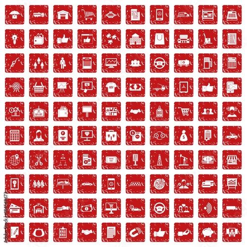 100 business icons set grunge red
